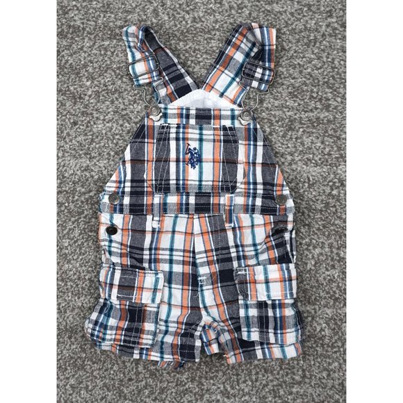 US Polo Association Baby Boys Plaid Gray White Blue Overalls Size 6-9m - Picture 1 of 3